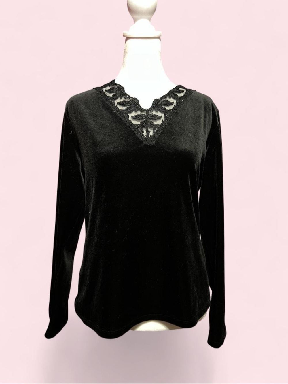 Small Black Velvet Long-Sleeve Top with Lace V-Neck